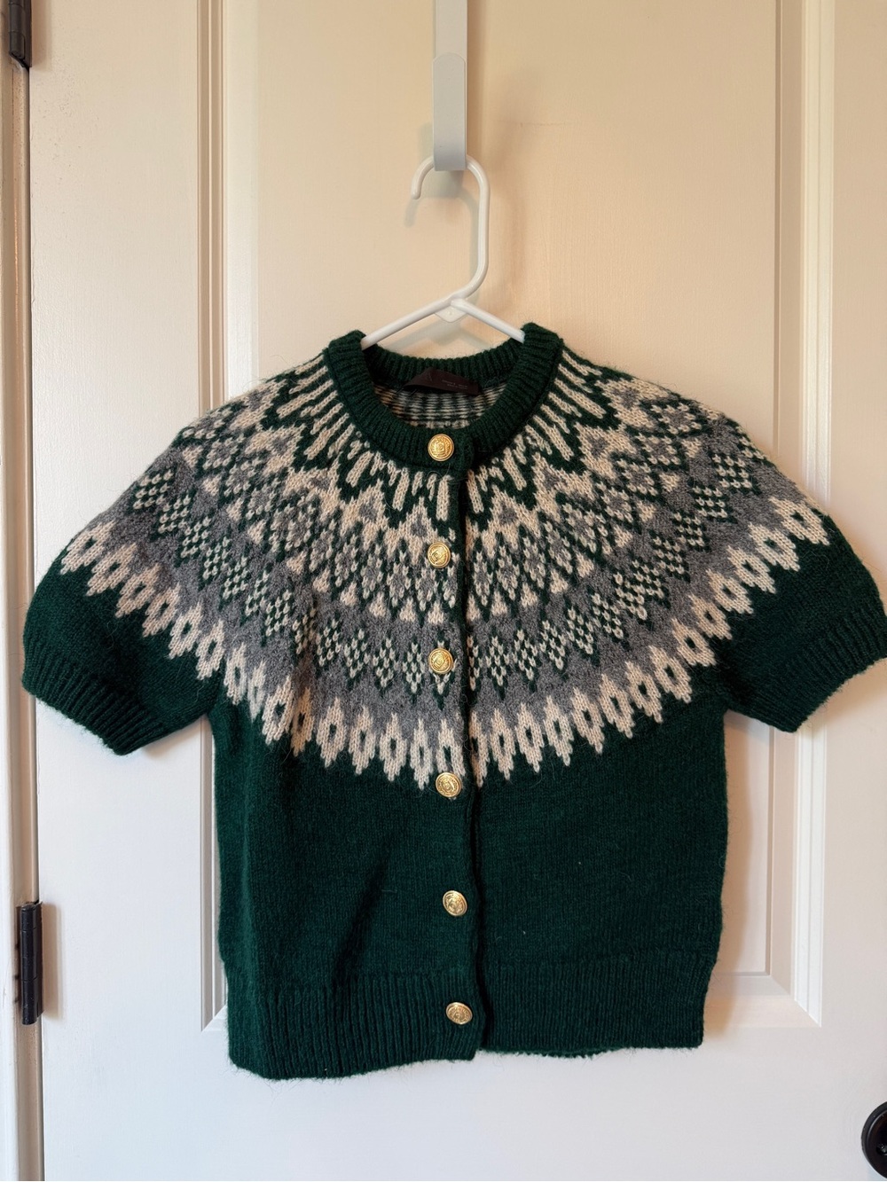 Zara Dark Green Fair Isle Short-Sleeve Cardigan with Cream & Gray Yoke